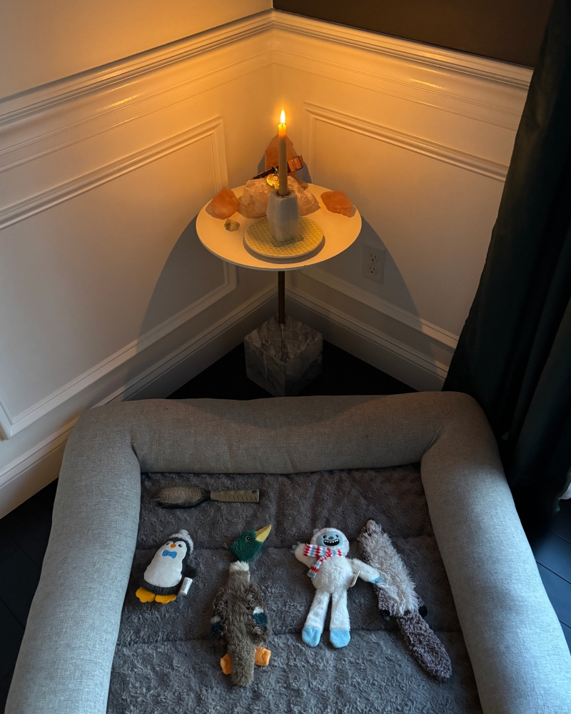 A cozy corner nook with a gray dog bed holding four plush toys arranged in a row; above it, a small round table holds a lit candle surrounded by crystals, casting warm light on the white paneled walls.